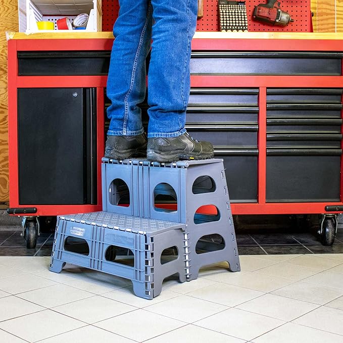 Bee Neat Folding 2 Step Stool for Adults - Collapsible & Foldable Step Ladder for Office, Garage, Closet, Bathroom - Non-Slip & Wide Stepping Stool Supports 300lbs - Industrial - Gray
