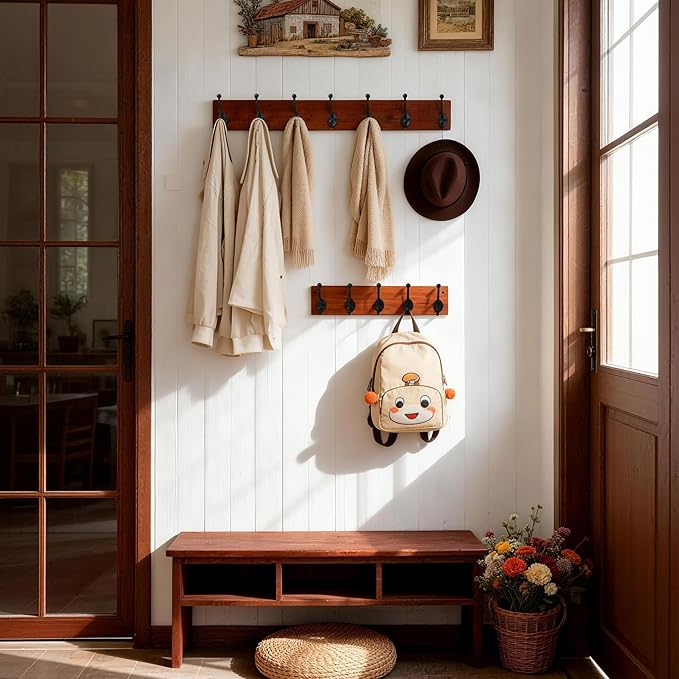 WEBI Rustic Coat Rack Wall Mount,30" Long 7 Cast Iron Coat Hooks Wall Mounted,Heavy Duty Wood Wall Coat Hanger Hooks for Hanging Coats,Jacket,Clothes,Backpack,Farmhouse,Cherry