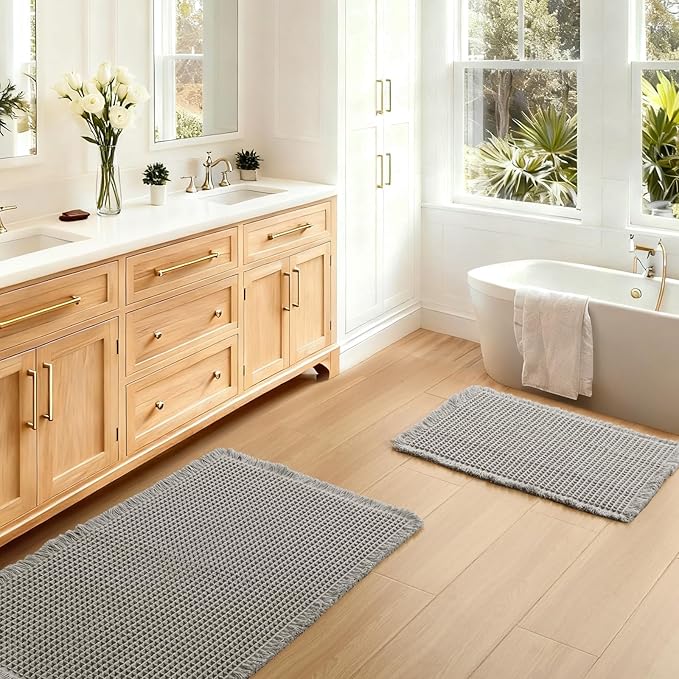 JIUZHEN Set of 2 Waffle Bath Mats Super Absorbent Boho Bath Rugs Non Slip Washable Bathroom Rugs Ultra Soft Machine Washable Shower Mats for Bathroom Floor, Tub, 16" x 24" +24" x 36", Grey