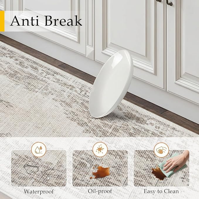 PureCozy Kitchen Mats 2PCS Anti Fatigue Cushioned Mat Beige Vintage Kitchen Mats for Floor Waterproof Non Slip Comfort Standing Medallion Floral Rug for Sink Laundry Office 17.3"x47"+17.3"x30"