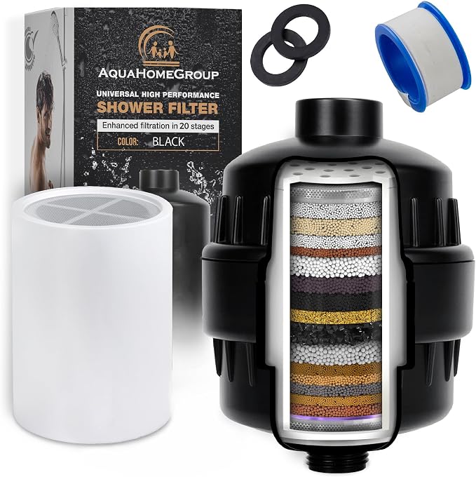 AquaHomeGroup 20 Stage Shower Filter with Vitamin C and E - Reduces Chlorine, Heavy Metals and Sediment - 2 Cartridges Included - High Pressure - Black