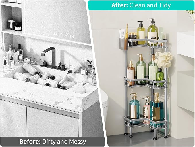 HapiRm Standing Shower Caddy Corner - 3 Tier Corner Shower Organizer with Toothbrush Holder and 12 Hooks, Large Capacity Rustproof Bathroom Shelves for Tall Bottles, Silver