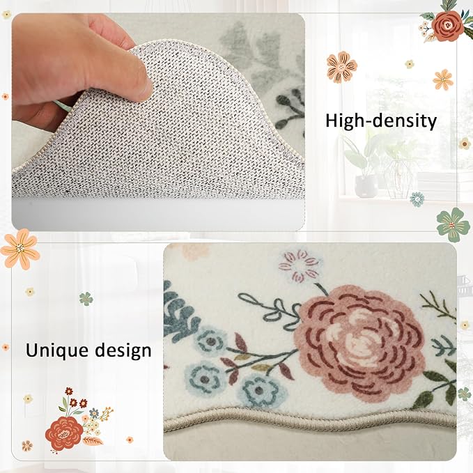 Homcomoda Floral Kitchen Rugs Mats for Floor 3PC, Farmhouse Non Slip Kitchen Rug Runner, Washable Non Skid Kitchen Rugs, Comfort Standing Mat for Laundry, Desk, Bar, Office, Beige