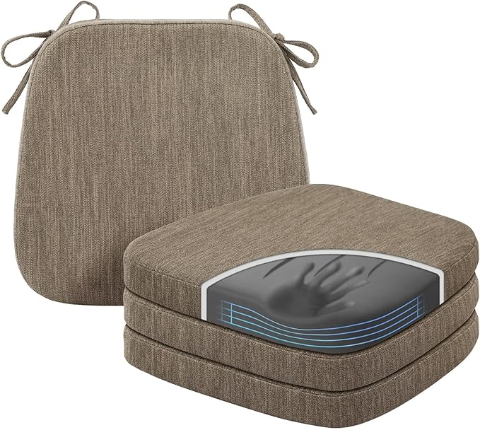 baibu Kitchen Chair Cushions Set of 4, Dual-Layer Patented Design Memory Foam Dining Chair Pads with Ties and Washable Cover, 4 Pack, 17" x 16" x 2", Light Brown