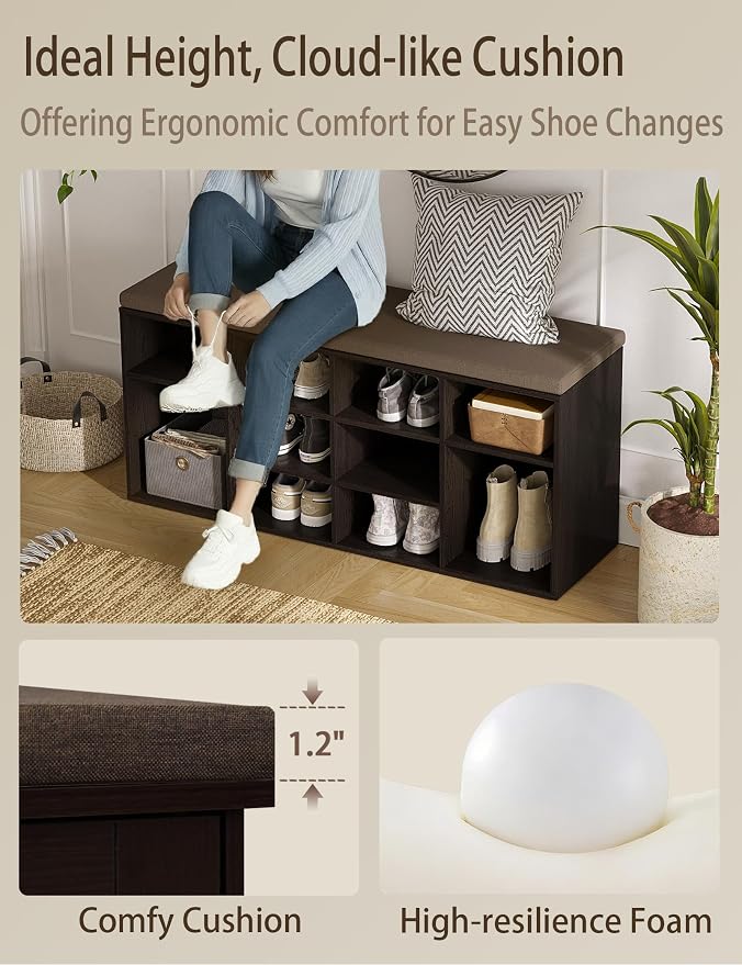 DINZI LVJ Shoe Storage Bench with Cushion, Cubby Shoe Rack with 12 Cubbies, Adjustable Shelves, Multifunctional Shoe Organizer Bench for Entryway, Mudroom, Hallway, Closet and Garage, Espresso