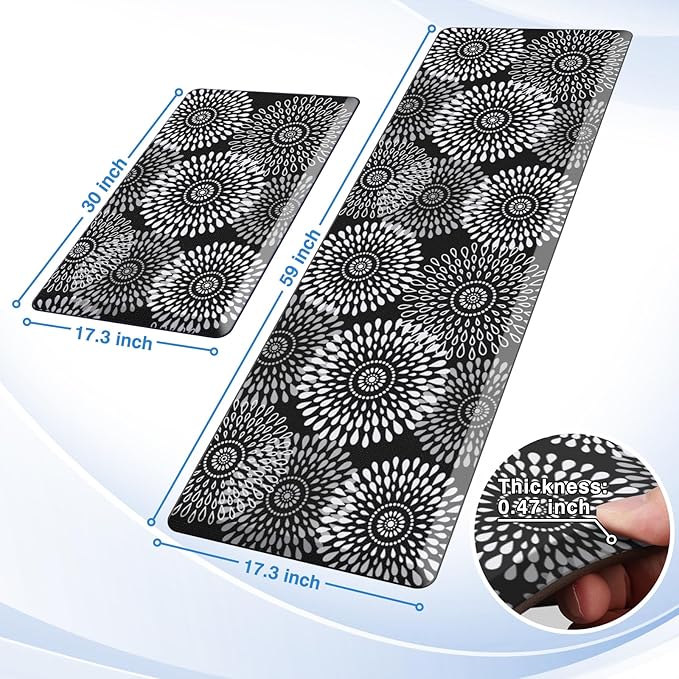 LuxStep Kitchen Mats for Floor,0.47 inch Thicker Cushioned Rug Anti-Fatigue Mats for Kitchen Decor Accessories,Waterproof Non-Slip Mats and Rugs Set for Office,Laundry 17.3"×29"+17.3"×60",Black