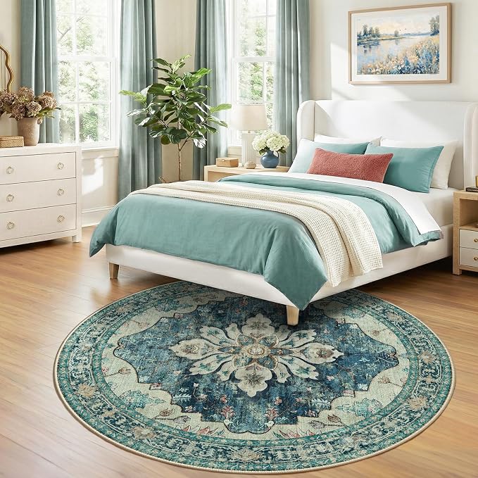 RELEANY Area Rugs Round 7ft Washable Non-Slip, Floral Vintage Distress Medallion Carpet for Living Room Bedroom Dining Room, Dark Blue Vintage
