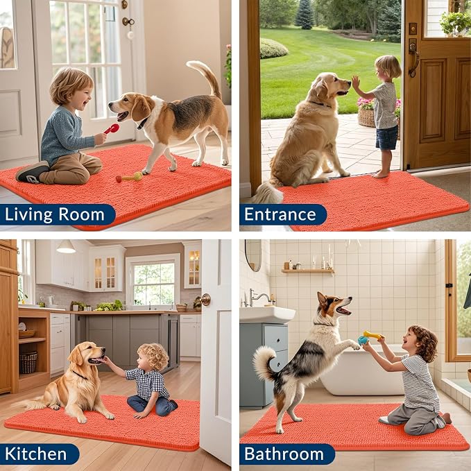 Smiry Dog Door Mat for Muddy Paws 48x30, Absorbent Dirt Trapper, Non-Slip Washable Chenille Entryway Rug for Inside Floor, Coral, Classic Solid