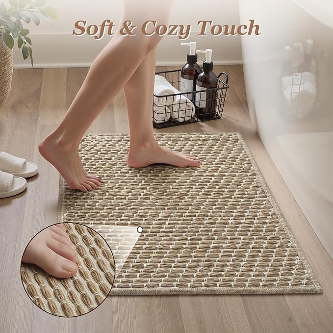 AMOAMI Unique Woven Bath Mat, Super Absorbent Non Slip Bath Mat, 18" x 30", Brown