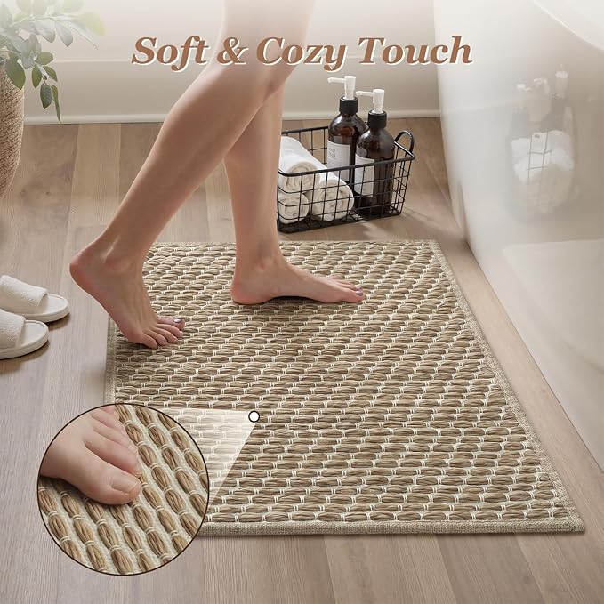 AMOAMI Unique Woven Bathroom Runner Rug, Super Absorbent Non Slip Bath Mats for Bathroom Textured Bathroom Mat Quick Dry Boho Rugs Runners for Hallyways Kitchen Bedroom Beside Tub, 2' x 4', Brown
