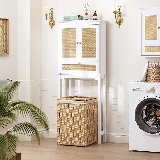 Spirich Over The Toilet Storage Cabinet with Rattan Doors, Over Toilet Bathroom Organizer with Tilt-Out Cube and Adjustable Shelf
