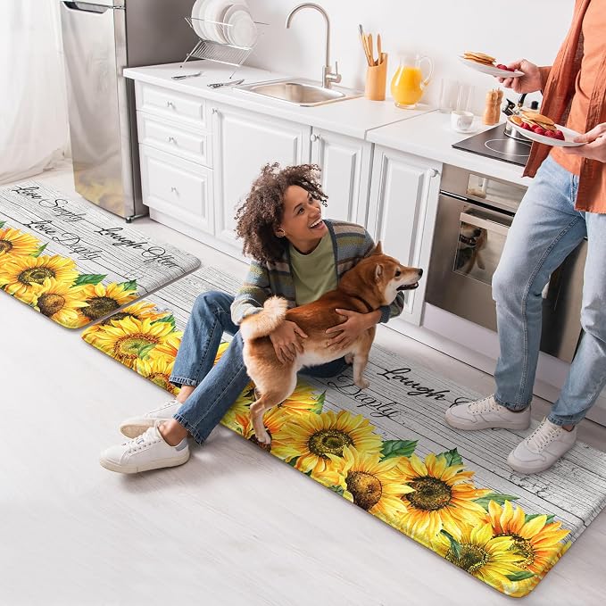 KIMODE Anti Fatigue Kitchen Mat, Farmhouse Sunflower Kitchen Rugs Sets of 2, Kitchen Floor Mats Non-Slip Cushioned, Comfort Kitchen Mats for Floor Sink, Laundry, Desk White 17"x47"+17"x29"
