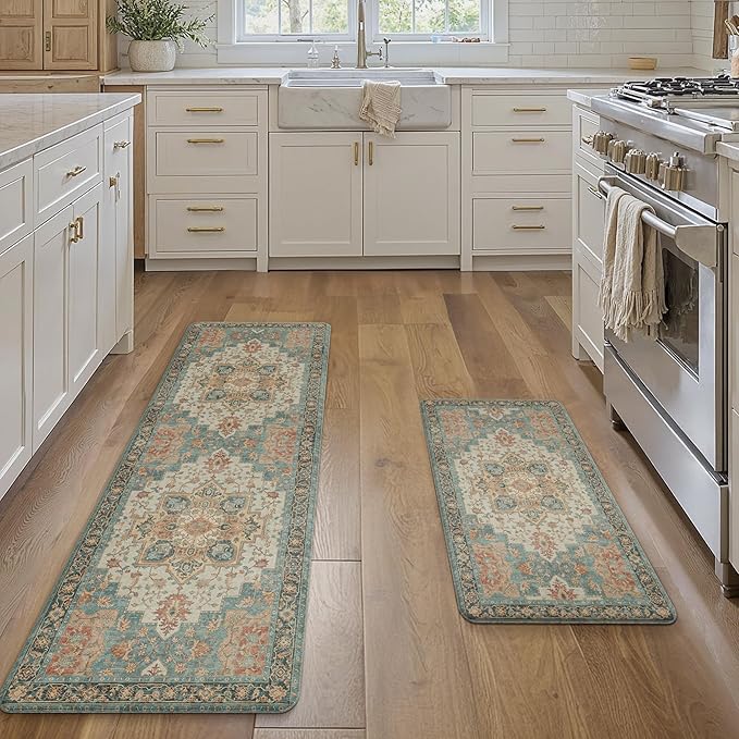 GENIMO Kitchen Mats for Floor 2PCs, Washable Anti Fatigue Mat for Cushioned, 17.3"x59"+17.3"x30", Waterproof Kitchen Rugs, Non Slip Comfort Standing Mat Rug for Home, Laundry, Peach Orange