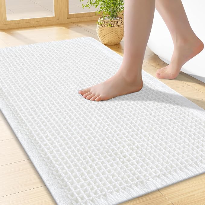 Smiry Waffle Bath Mat 24x16, Extra Soft Absorbent Bathroom Rugs, Non Slip Machine Washable Quick Dry Bath Rugs for Bathroom Floor, Tub, Shower, Home Decor Accessories, White