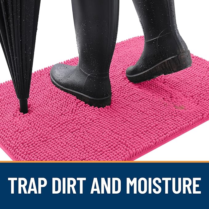 OLANLY Dog Door Mat for Muddy Paws 50x30, Absorbs Moisture and Dirt, Absorbent Non-Slip Washable Doormat, Quick Dry Chenille Mud Mat for Dogs, Entry Indoor Entryway Carpet for Inside Floor, Hot Pink