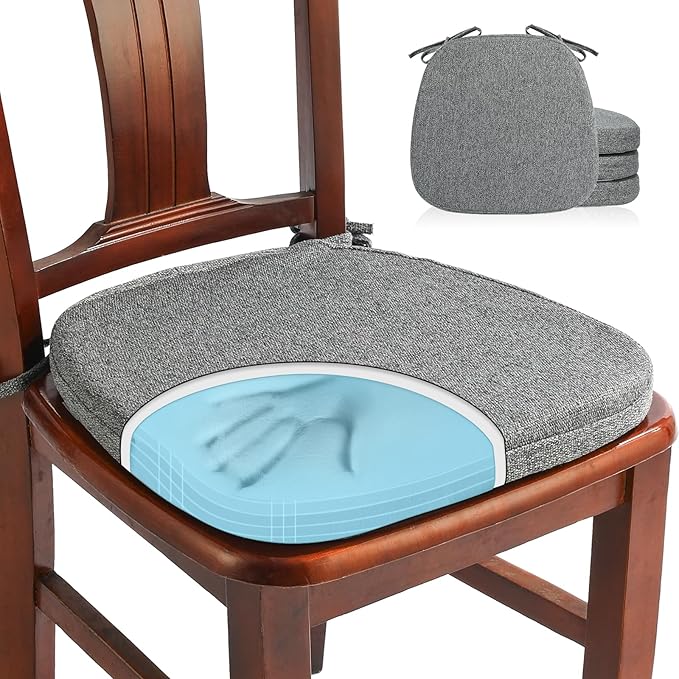 SINOSSO 4 Pack Memory Foam Chair Cushions for Dining Chairs, Friendly Woven Fabric 16" U-Shape Comfortable Kitchen Chair Pads, Removable Slip Resistant Seat Cushions (Set of 4, Dark Grey)