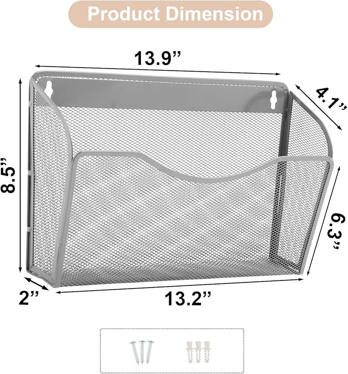 EASEPRES 3 Single Pocket Mesh Hanging File Organizer, Vertical Wall Mounted Magazine File Holder, Mount Basket Mail Paper Document Folder Organizing for Office, Home and School, Gray