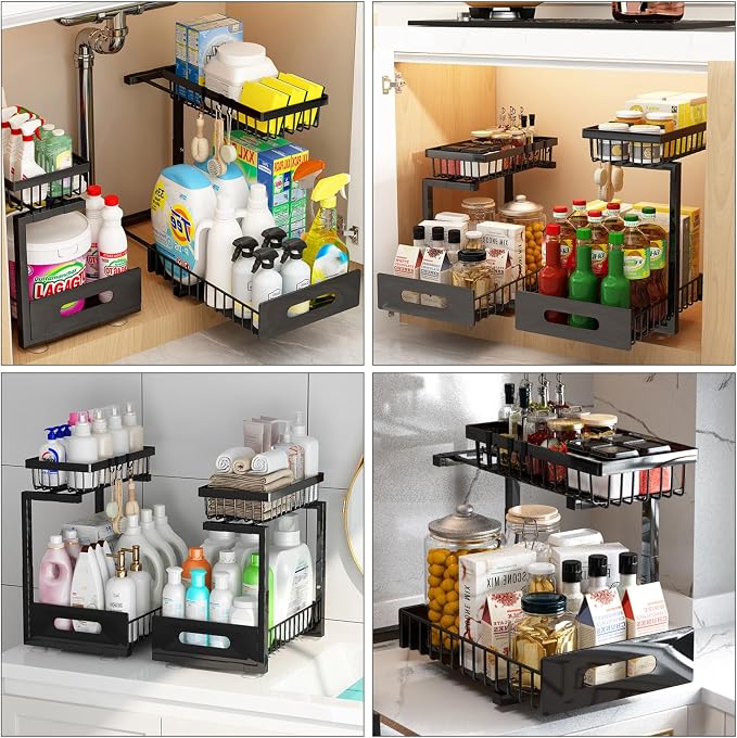 Adoymiro Under Sink Organizer, Adjustable Shelves, 2 Pack Pull Out Cabinet Organizer Slide Out Sink Shelf Cabinet Storage Shelves, Under Sink Storage for Kitchen Bathroom Cabinet