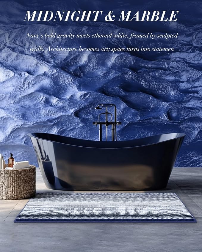 BSICPRO Chenille Bathroom Rugs, 21 x 60 Inches Non Slip Absorbent Bath Mat, Soft Shaggy Shower Bath Floor Mats for Bathroom, Machine Washable(Navy)