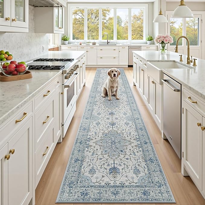 RELEANY Area Rugs Runner 2'6"x12' Washable Non-Slip, Floral Vintage Distress Medallion Carpet for Kitchen Hallway Bedroom Beside Laundry Room Bathroom, Light Blue Navy Gray White