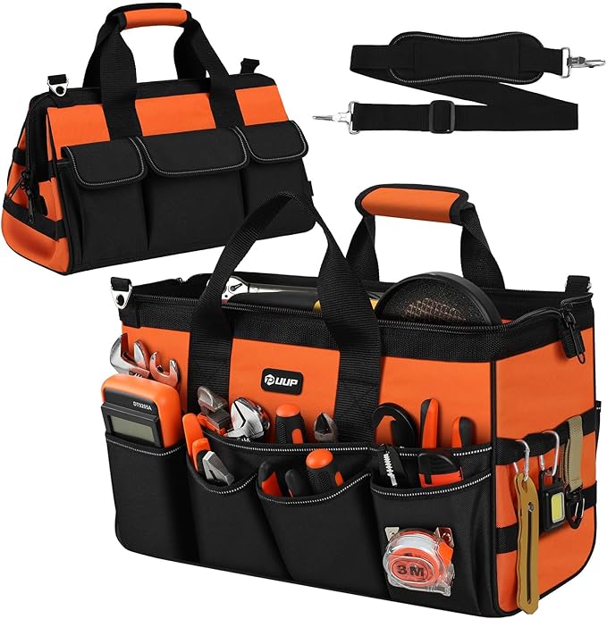 UUP Heavy Duty Tool Bag 18-Inch, 16-Pocket Portable Soft Tool Box Organizer Storage, Handle Tactical Carry Tote Empty Toolbox with Large Zipper, Father Day Dad Men Gift for Mechanic Engineer, Orange