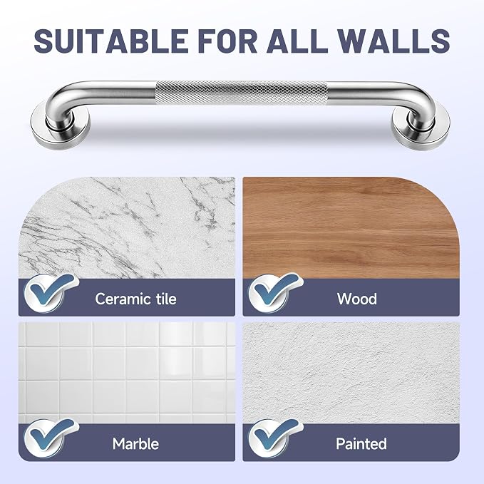 16 Inch Shower Grab Bar, Brushed Nickel Anti Slip Safety Bars, 304 Stainless Steel Bathroom Handrail, Handicap Grab Bars for Wall, Shower Grip Handle for Seniors Elderly Injury Assist Bath (1.25" Dia)