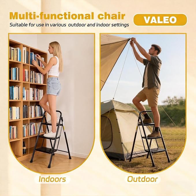 Valeo 3 Step Ladder, Step Stool with Wide Anti-Slip Pedal, 330 lbs Capacity,Step Ladder Folding Step Stool for Adults, Lightweight Steel Portable ladders for Home Kitchen & Office,Black