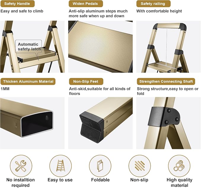 Step Ladder 3-Step Champagne Finish Aluminum Folding Ladders