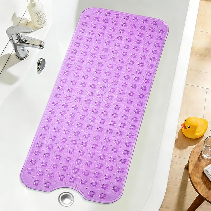 Extra Long Bathtub Mat Non Slip, Clear Purple Soft Bath Mat for Tub 40 x 16 Inch Full Size, Bath Tub Shower Mats for Bathroom Floor, Big Suction Cups and Drain Holes, Easy Washable, BPA Free