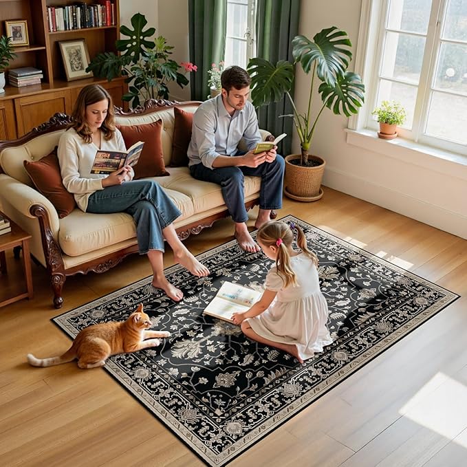 RELEANY Area Rugs 4'x6' Washable Non-Slip, Floral Vintage Distress Medallion Carpet for Living Room Bedroom Dining Room, Black Brown Neutral Dark Tan