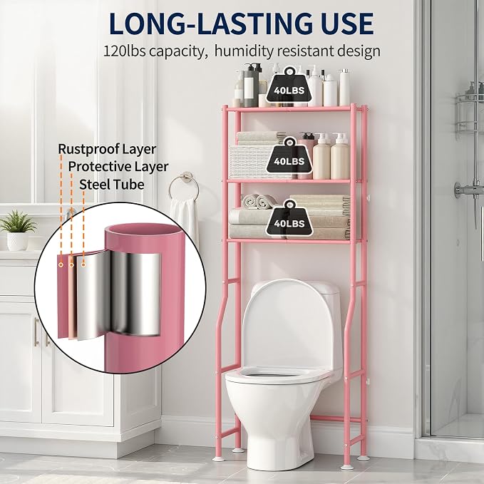 GloTika 3-Tier Over Toilet Storage Rack, Metal Over Toilet Bathroom Organizer Shelf, Freestanding Space Saver Storage Shelves for Bathroom/Laundry/Living Room (Pink)