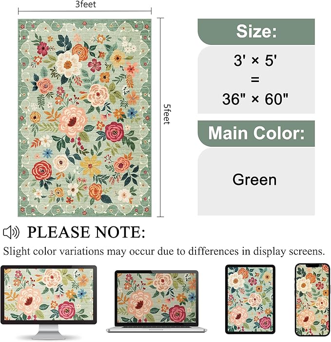 DUKINO 3x5 Area Rug, Floral Rugs for Living Room, Lightweight Non Slip Washable Rug, Indoor Low Pile & Non-Shedding Boho Design Rugs for Bedroom, Living Room, Dining Room, Green