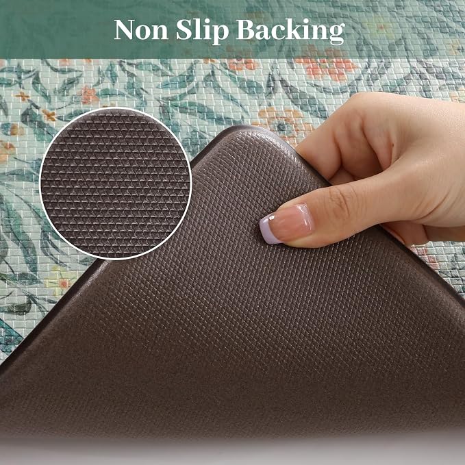 KIMODE Kitchen Mats for Floor Anti Fatigue, Kitchen Floor Mats 17.3"x29"+17.3"x47", Boho Floral Kitchen Rugs Sets of 2, Comfort Padded Rugs for Kitchen Floor Laundry Office Sink Desk Blue Green