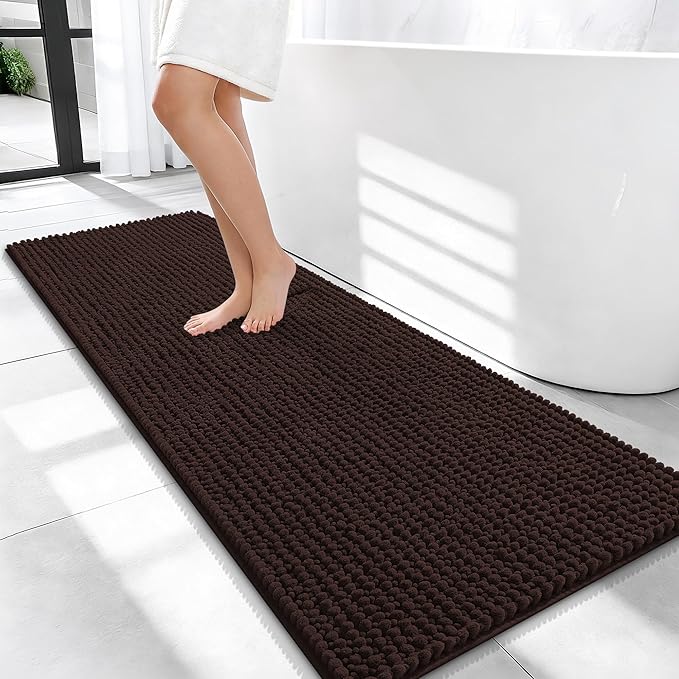 OLANLY Thick Bathroom Runner Rugs 47x20, Extra Soft Absorbent Chenille Bath Rugs, Rubber Backing, Machine Wash Dry, Long Bath Mats for Bathroom Floor, Tub and Shower, Home Decor Accessories, Brown