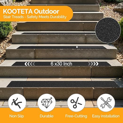Outdoor Stair Treads Non Slip for Wooden Steps 6" x 30" - 15 Pack Weather Resistant Exterior Grip Tape, Non Slip Stair Treads, Anti Skid Strips, Waterproof 80-Grit High Traction Adhesive Treads, Black