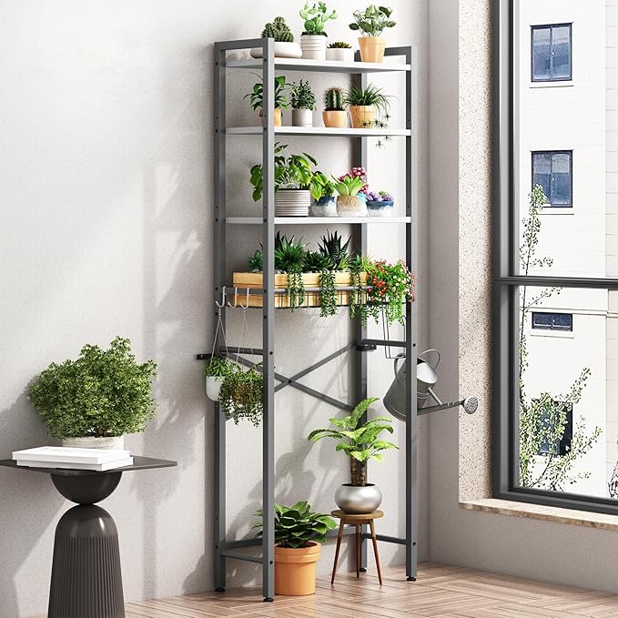 Kalrin Over-The-Toilet Storage Rack, 4-Tier Bathroom Organizer Shelf Over Toilet with Adjustable Shelf and Basket, Freestanding Space Saver Bathroom Shelves Above Toilet for Room (Gray- White)