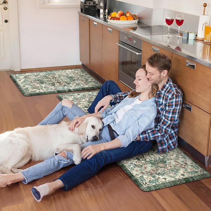 KIMODE Kitchen Mats Cushioned Anti Fatigue, Boho Oriental Kitchen Rugs 17"x47"+17"x29", Non Slip Kitchen Mats for Floor, Padded Kitchen Floor Mats for Sink Laundry Office Desk Green Multi