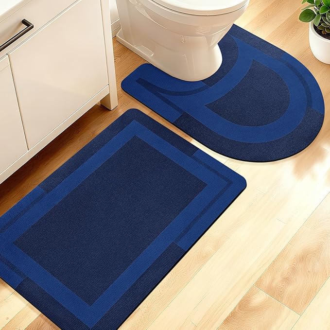 ACCUMTEK Non Slip Bath Mat, Thin Bathroom Rugs Fit Under Door, Quick Dry Bath Mats, Machine Washable Bath Rugs for Bathroom, Bathtub & Kitchen, Dark Blue/Bordered/24 x17+ 24"x20" Contour Rug