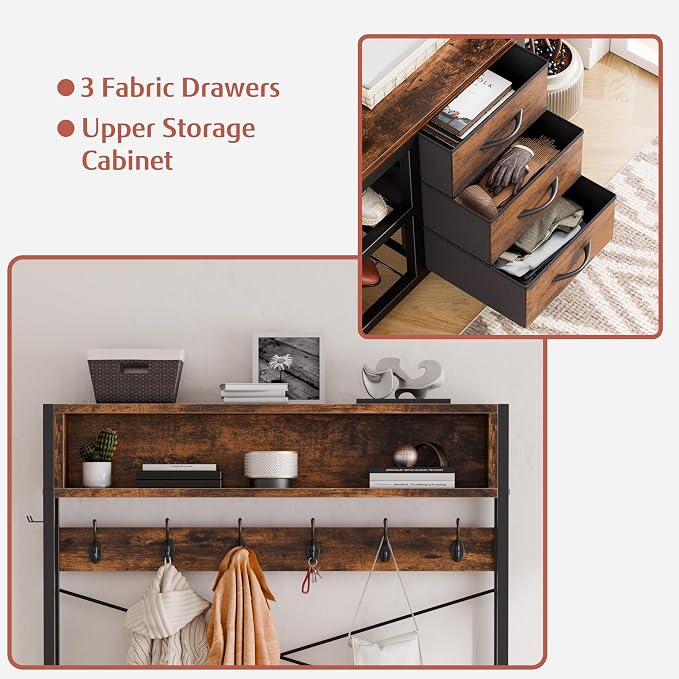 Lulive Hall Tree with 3 Drawers, Industrial Entryway 39.4" Coat Rack Shoe Bench, Freestanding Mudroom Organizer with 12 Hooks, Top Shelf Storage (Rustic Brown)
