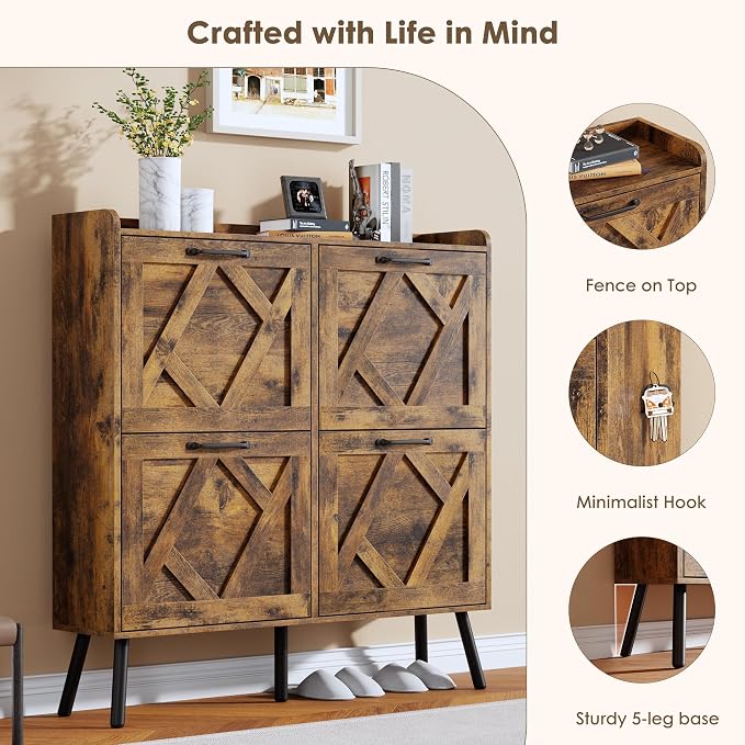 Nicetree Shoe Cabinet Storage for Entryway, Freestanding Shoe Storage Cabinet, Farmhouse Narrow Shoe Rack Cabinet for Entryway, Foyer, Hallway, Shoe Cabinet 4 Flip Drawers, Rustic Brown