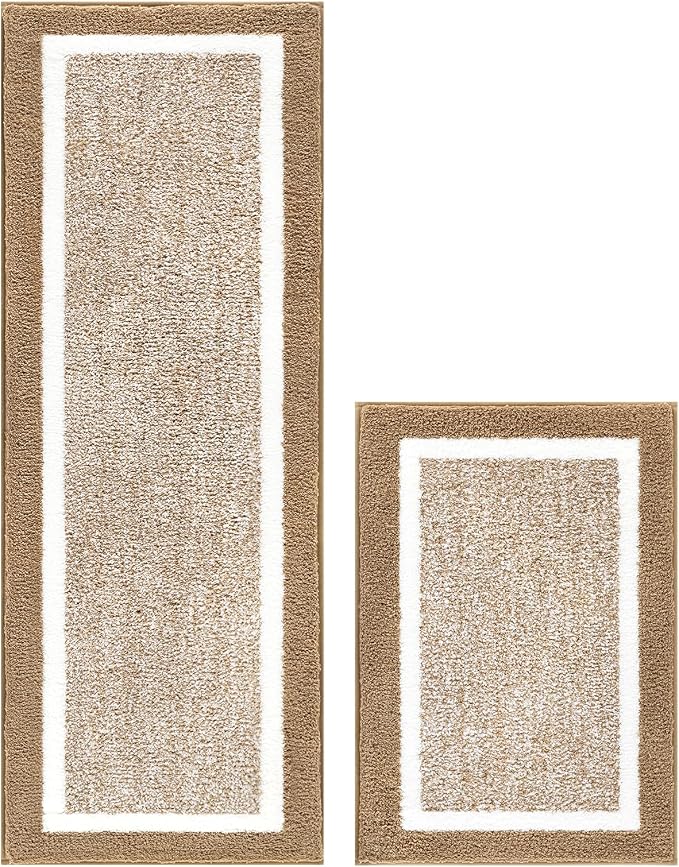 Pauwer Bathroom Rugs Sets 2 Piece, Non Slip Bath Mats for Bathroom, Absorbent Bath Rugs Floor Mat, Machine Washable Shower Rugs for Bath Floor, Tub and Shower, Khaki