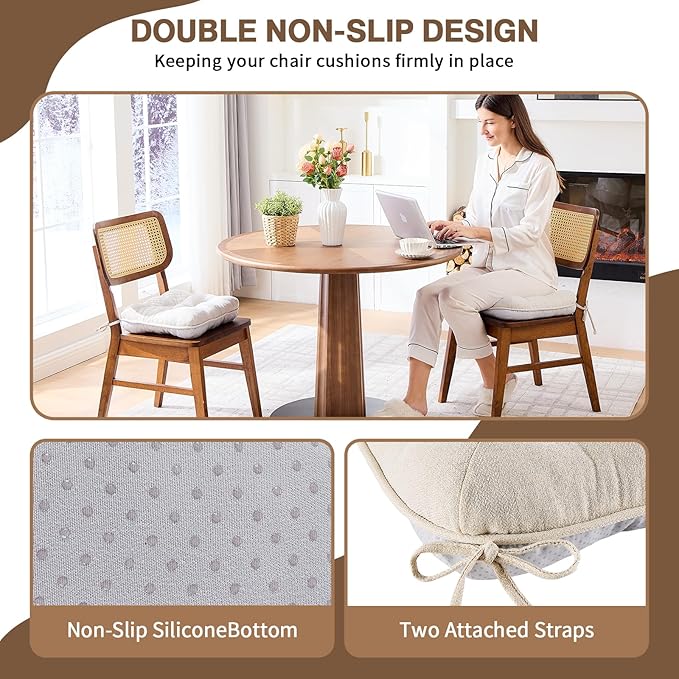 BETU Chair Cushions for Dining Chairs Set of 2,3.5" Thick Kitchen Table Chair Pads with Ties,Non Slip Backing and Covers, Seat Cushion for Dining Room,Bar,Patio Chairs,15.5"X15.5"X3.5",Beige