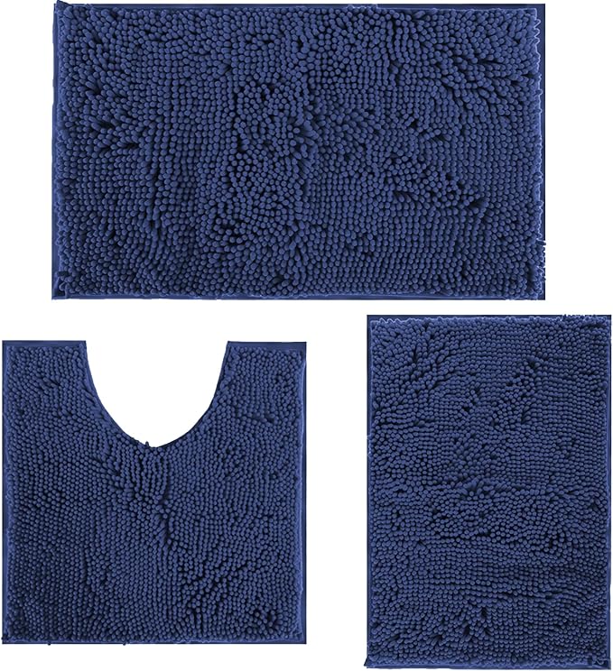 Indigo Blue Bathroom Rugs Non Slip Washable 3 Piece Extra Absorbent Shaggy Chenille and Mats Sets, Soft & Dry Bath Rug/Mat Sets for Carpets Set
