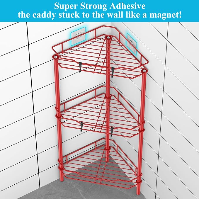 HuggieGems 3 Tier Floor Standing Corner Shower Caddy Organizer Shelf with Hooks, Bathroom Shelves Stand Rack, Red