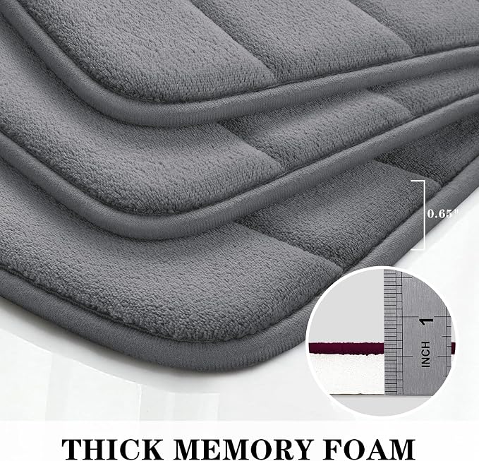 BYSURE Dark Grey Memory Foam Bathroom Rug Set 3 Piece, Non Slip Extra Soft Absorbent Machine Washable Toilet Bath Toilet Mat (17"x24"+20"x32"+U Shape 20"x24")