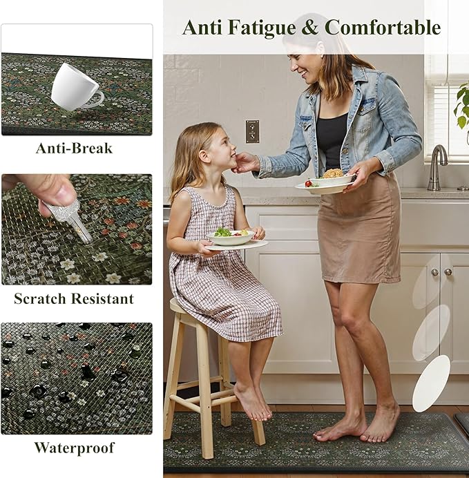 Collive Anti Fatigue Kitchen Rugs Sets of 2, Non Slip Waterproof Kitchen Mat Spring Vintage Floral Runner Rug, Ergonomic Comfort Desk Rugs for Floor, 20" x 47" + 20" x 32", Dark Green