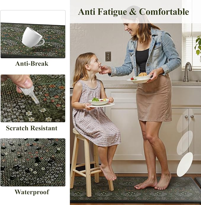 Collive Kitchen Mats Cushioned Anti Fatigue, Waterproof Kitchen Floor Mat Non Slip Desk Rugs Comfort Standing Rug for Sink, Office, Laundry, Home Decor, Dark Green