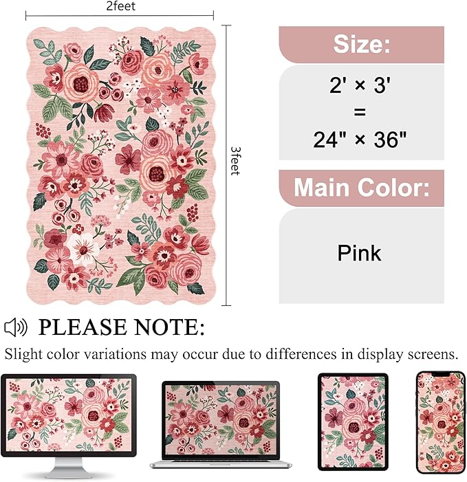 DUKINO 2x3 Entryway Rug, Floral Washable Indoor Door Mat with Non-Slip Backing, Soft Low Pile Small Front Door Throw Rugs for Entryway, Kitchen, Bedroom, Laundry, Bathroom,Pink