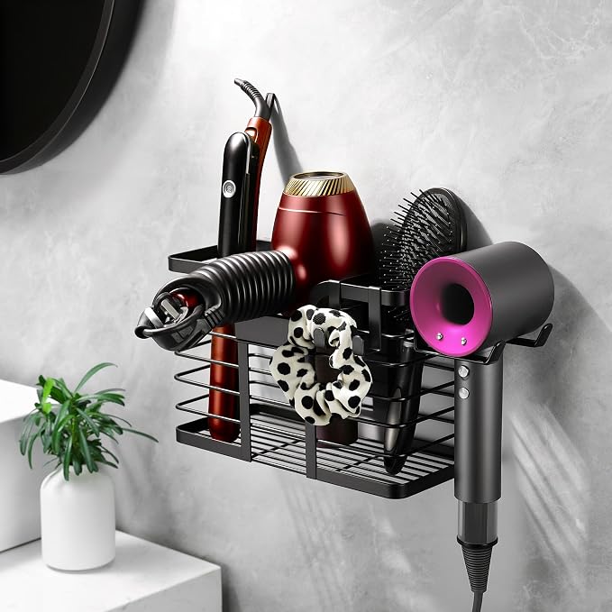 YIGII Hair Dryer Holder, 3 in 1 Hair Tools Organizer Blow Dryer Holder Adjustable Height Cabinet Door/Wall Mounted Bathroom Organizer and Storage for Hair Dryer, Flat Irons, Curing Wands