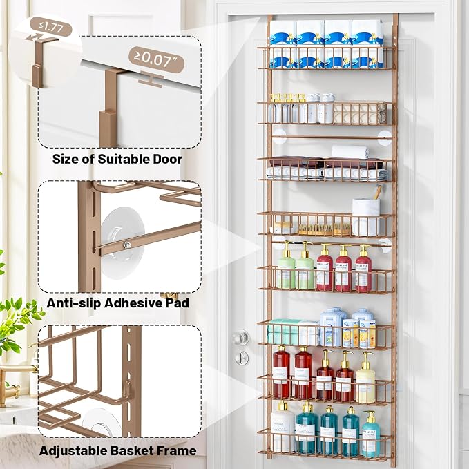 ElegantArray 8-Tier Pantry Door Oragnizer, Over The Door Pantry Organizer Rack and Storage, Hanging Spice Rack Shelves Door, Home Office Laundry Room Bathroom & Kitchen Organization, Brown